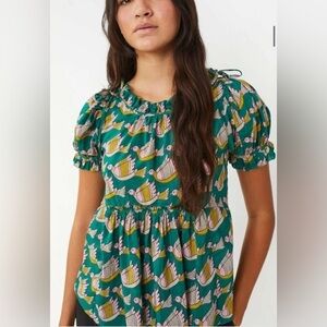 Matta Size S • Bindi Bird Silk Cotton Blend Short Sleeve Green Top Blouse.